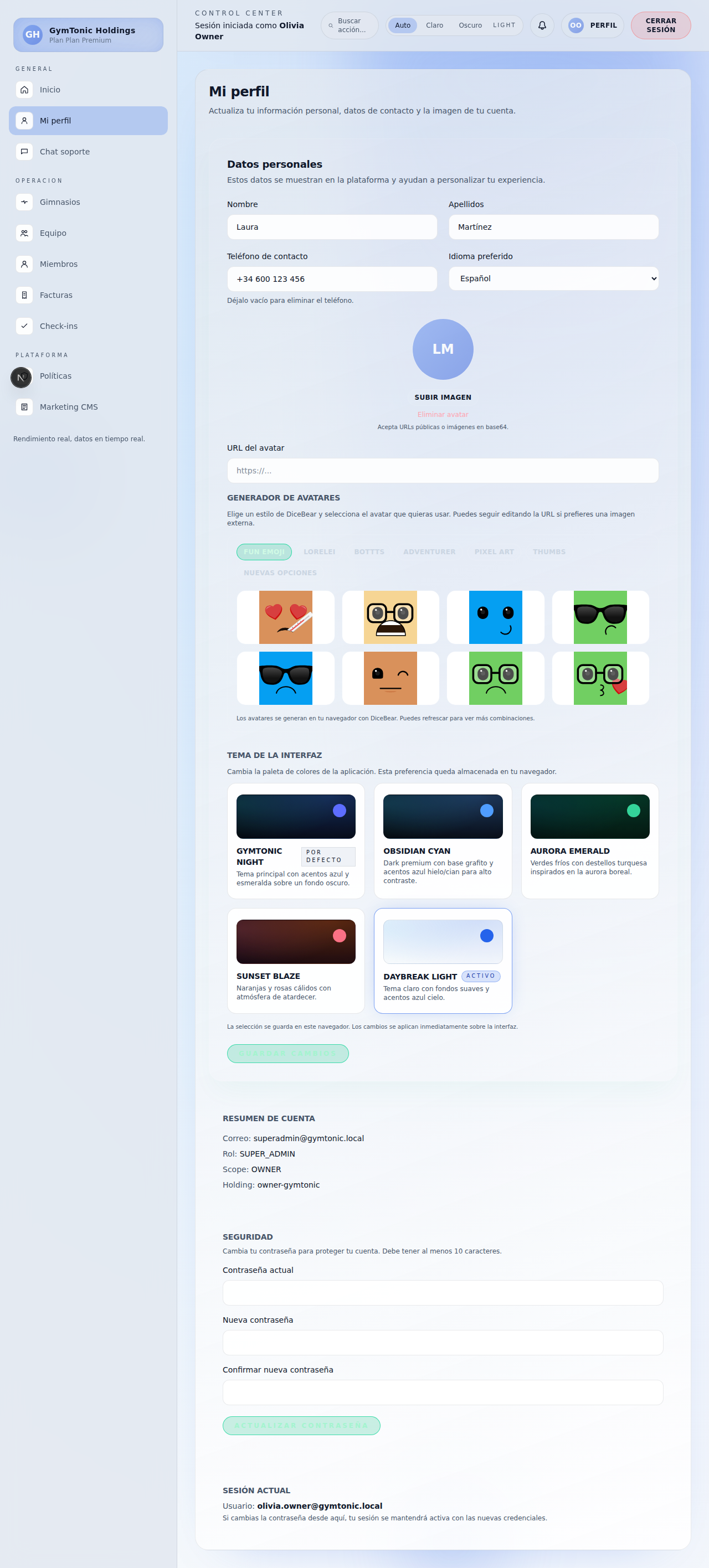 Ajustes perfil owner